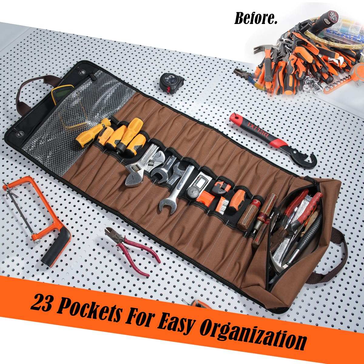 WELKINLAND 23-Pocket Canvas Tool Roll, Heavy-Duty Tool Wrap Roll, Waterproof Canvas Roll Up Tool Bag, 14'' Tool Roll Bag Organizers, Easy-Access Screwdriver Roll Up Pouch