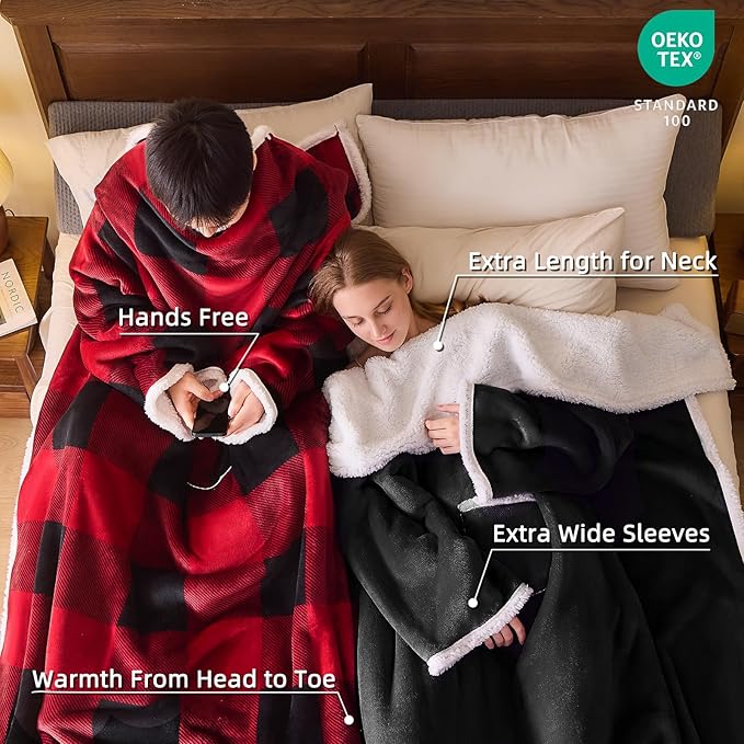 IFNOW Sherpa Wearable Blanket with Sleeves for Women Men Adults, Cozy Wearable Blanket with Arm and Pocket, Warm Full Body TV Wrap Throw Blanket, Soft Robe Blanket as Gifts for Mom Wife, Black