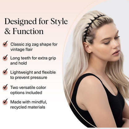 Kitsch Zig Zag Headbands for Women Non Slip – Fashion Accessories for Slicked Back Styles - Comfortable Comb Headband with Teeth | Ideal Gifts for Women - Tortoise & Black Headband - 2 pcs