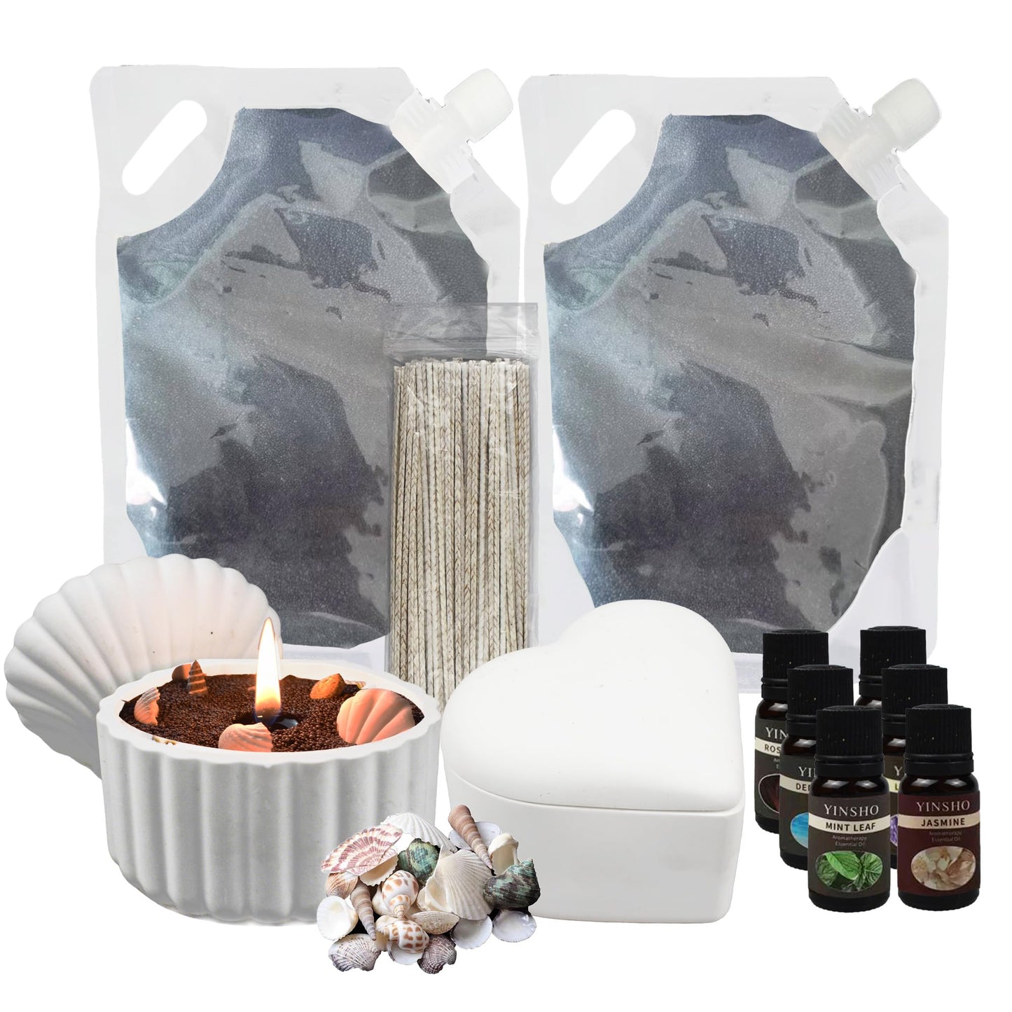 Pearled Candle Sand Set - 2.2Lb Sand Wax, 50X 6” Wicks, 6X Essential Oils, 2X Candle Jars with Lids, Smoke Free Powder Snow Halloween Candles, Over 240 Hours Burn Time DIY Candle Making Kit, Black