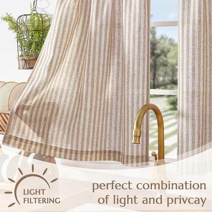 jinchan Striped Linen Kitchen Curtains 30 Inches Length Tier Curtains Farmhouse Modern Cafe Style Small Window Treatments Airy Light Filtering Rod Pocket for Living Room Bathroom 2 Panels Tan