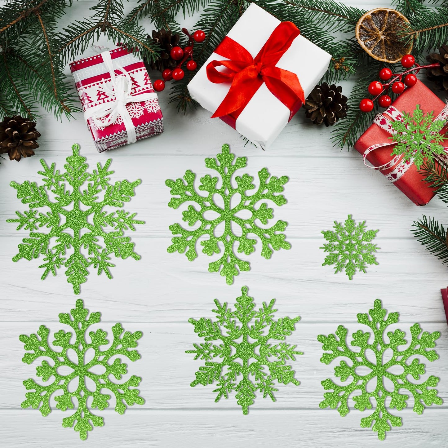 36pcs Christmas Lime Green Snowflake Ornaments，Plastic Lime Green Snow Flakes Hanging Ornaments for Christmas Tree Decor Winter Wonderland Frozen Birthday Party Holiday Home Decor Craft Snowflake