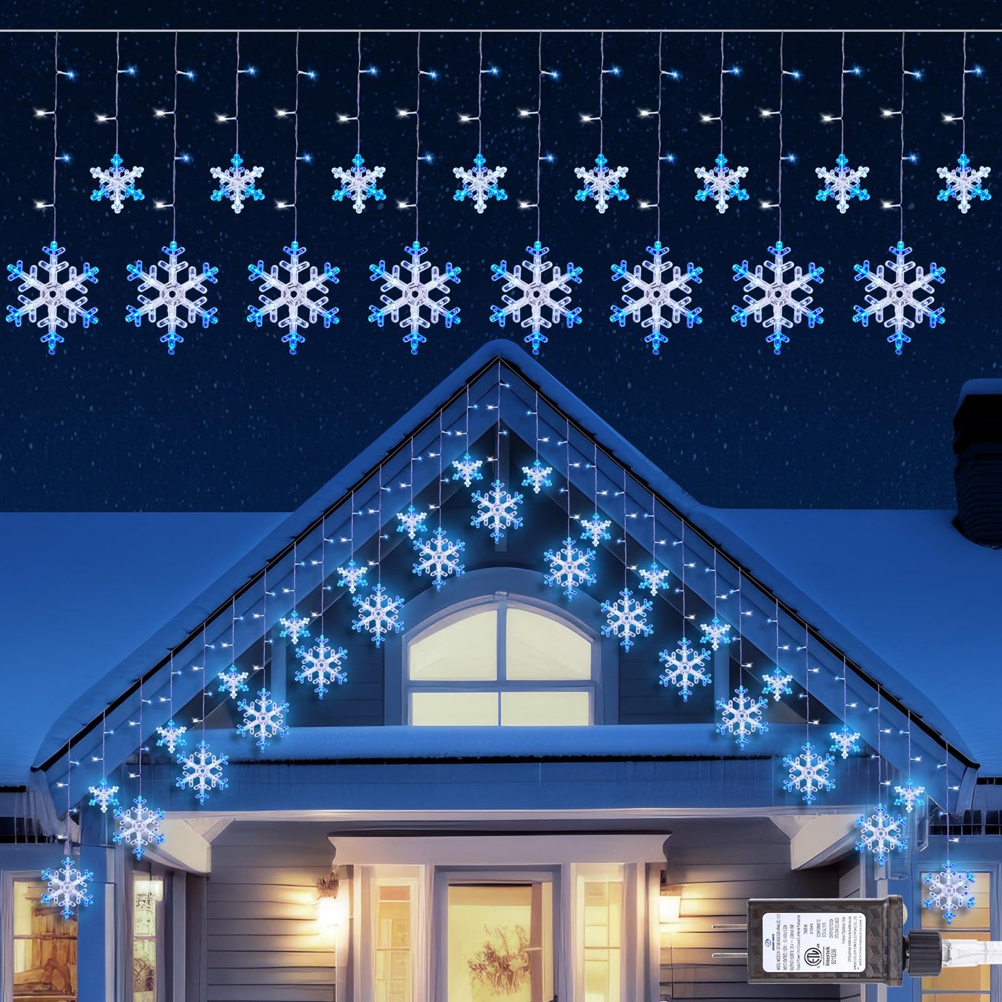 Minetom Christmas Snowflake Lights - 13ft 192LED Snowflake Icicle Lights with 16 Drops, 12 Modes and Timer, IP65 Waterproof Connectable Christmas Light for House Eave Window Indoor Outdoor Decoration