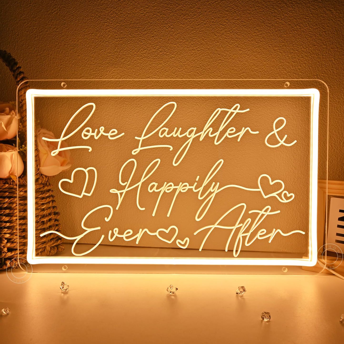 SYLHOME Led Neon Light Sign Love Laughter Happily Ever After Wedding Backdrop Home Bedroom Living Room Wall Sign Decor Birthday Christmas Party 15.75" X 9.84" USB