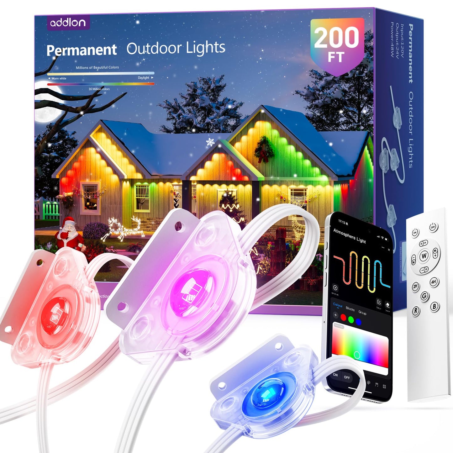 addlon Permanent Outdoor Lights, Smart RGB+IC LED Lights for House & Outdoor Decor, App & Remote Control, Scene Modes, IP67 Waterproof for Christmas, Holiday, Valentine's Day Decorations, 200FT