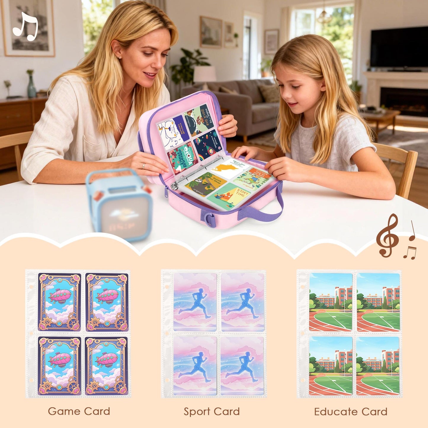 LoDrid Trading Card Binder 4 Pocket Compatible with Yoto Cards with 50 Removable Sleeves Holds up to 409 Cards, Card Case with Handle and Shoulder Strap for Travel, Pink, Bag Only, Patent Design