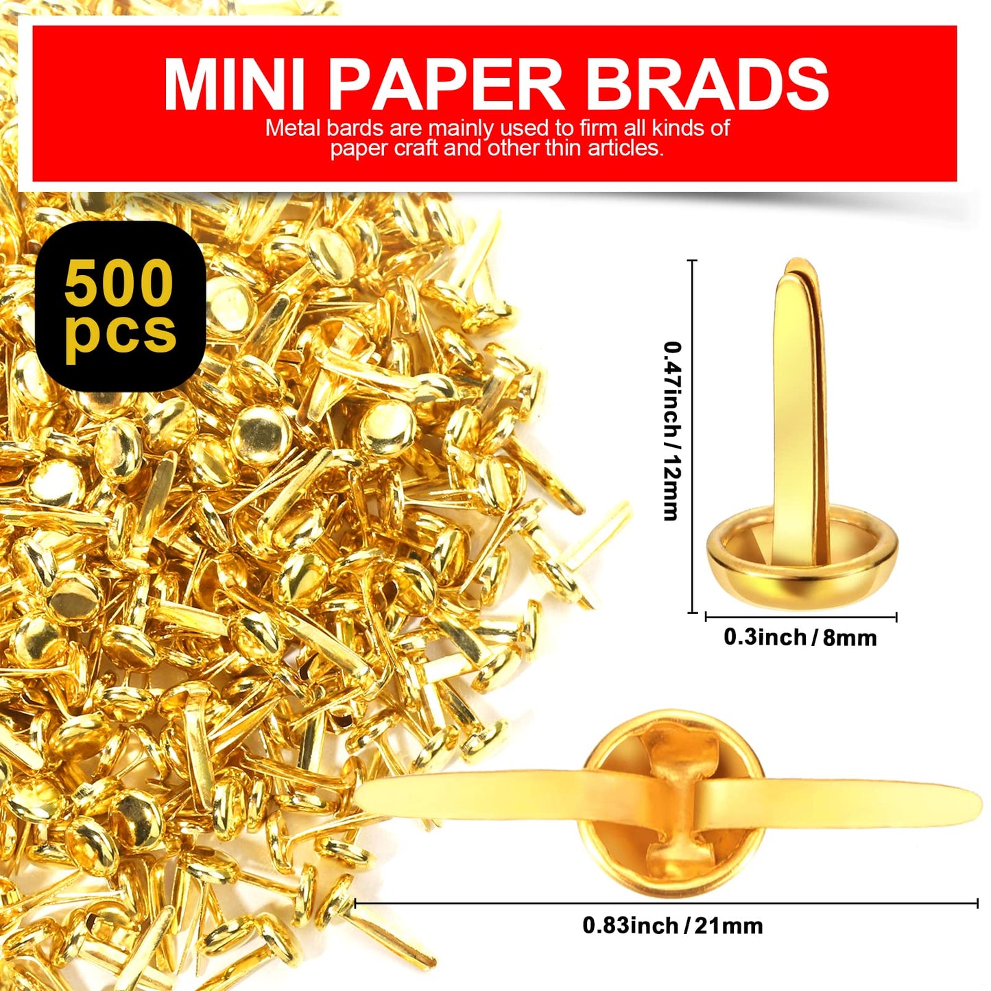HNYYZL 500PCS Brads for Paper Crafts, Mini Gold Paper Fasteners,Mini Brass Fasteners,Brads Paper Fasteners,Mini Brads Round Head 8mm Paper Fasteners for Paper Crafts (0.3 x 0.6 Inch)