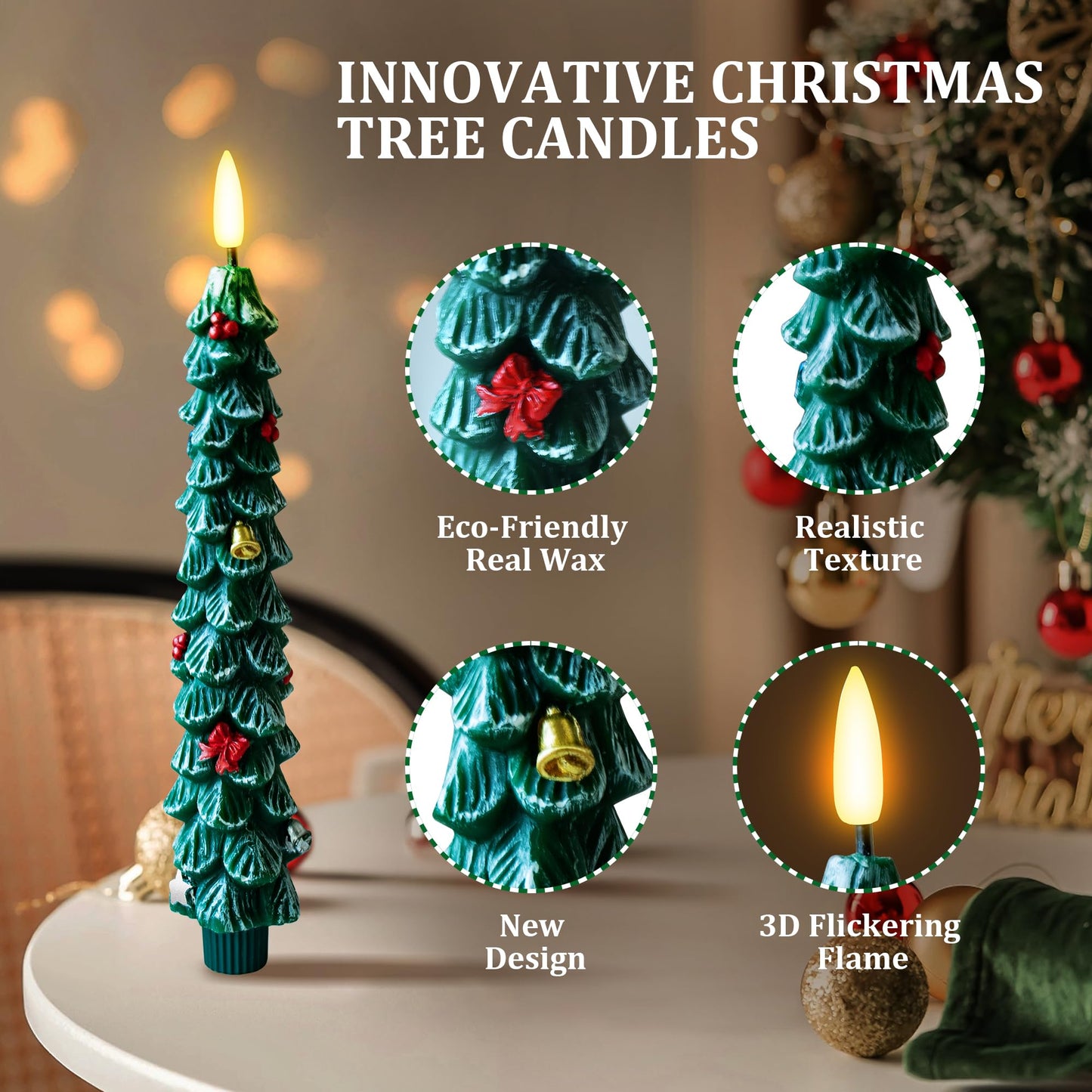 ZIVASA 3 Pack Flameless Christmas Tree Candles, 9.8 Inchs Christmas Taper Candles with Remote and 24H Cycle Timer, Real Wax Christmas Tree LED Candle 3D Flame for Tabletop, Windows, Fireplace Decor