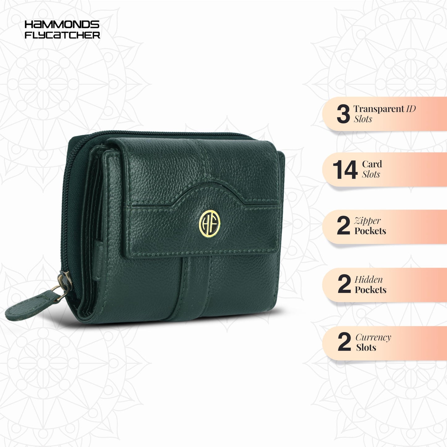 HAMMONDS FLYCATCHER Leather Ladies Wallet for Woman with 14 Card Slots - Clutch Purse for Women, Ladies Wallet for Women Stylish, Ladies Purse for Women Wallet, Purse for Woman, Green, 12.5 cm x 3 cm