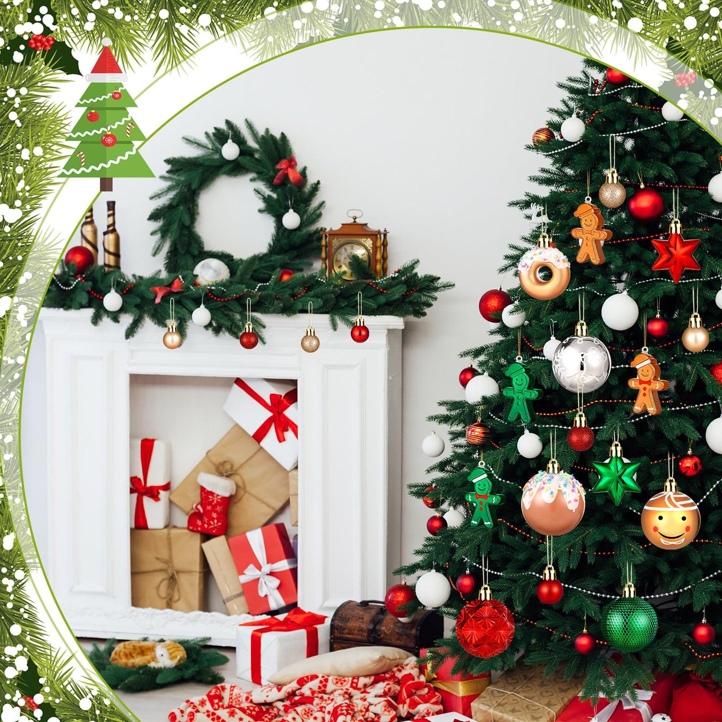 Syhood 40 Pcs Gingerbread Man Christmas Ball Ornaments 2.4 Inch Gingerbread Christmas Decorations Shatterproof Red Green Gold Candy Donut Xmas Baubles for Tree Home Wreath Holiday Office Indoor Decor