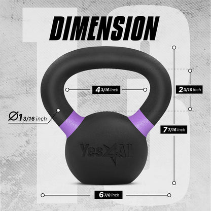 Yes4All Powder Coated Kettlebell, Cast Iron Core Kettlebells with Non-Slip Handle & Flat Bottom for Conditioning, Heavy Duty for Strength Training, 9lb to 71lb - Single & Pair