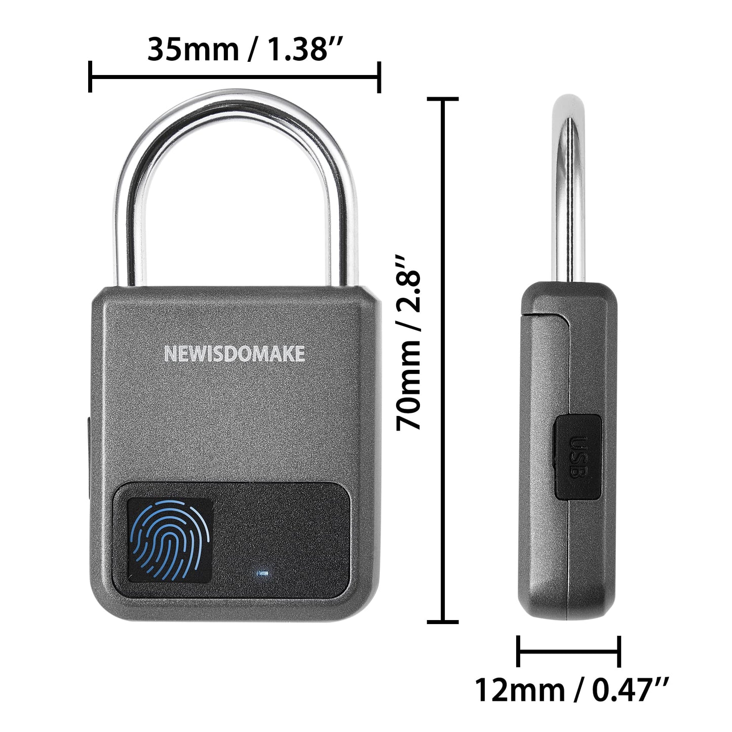 Fingerprint Padlock, Smart Padlock with USB Charging Support, Fingerprint Lock, Biometric Lock Suitable for Luggage, Bookcase, Suitcase, Backpack, Bike, School Locker, Gym Locker Lock(Gray)