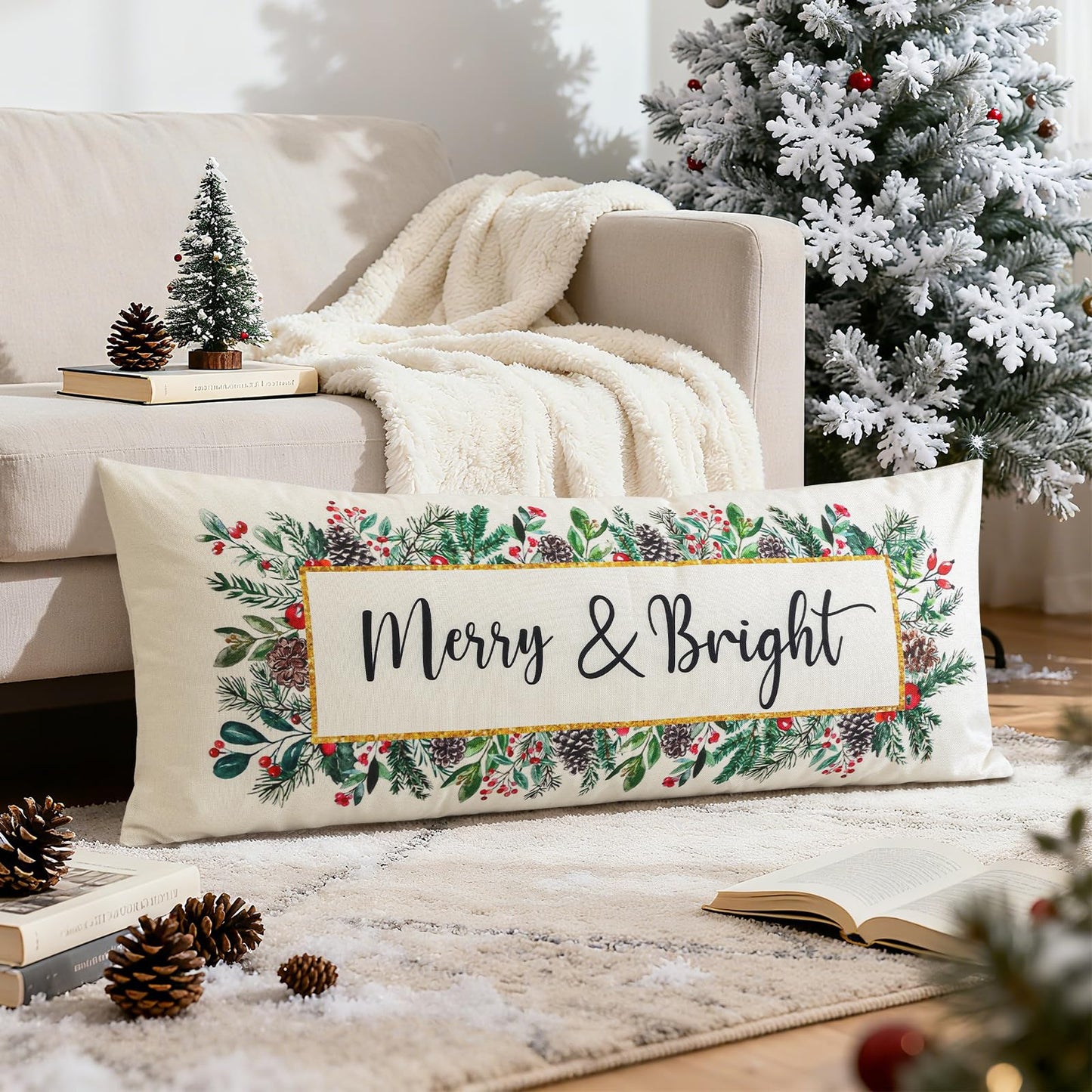 OTOSTAR Merry Bright Christmas Decor Pillow Cover 14x36 Inch Extra Long Lumbar Decorative Throw Pillow Case Eucalyptus Mistletoe Winter Holiday Cushion Cover for Couch Bed Sofa Decor (Merry & Bright)