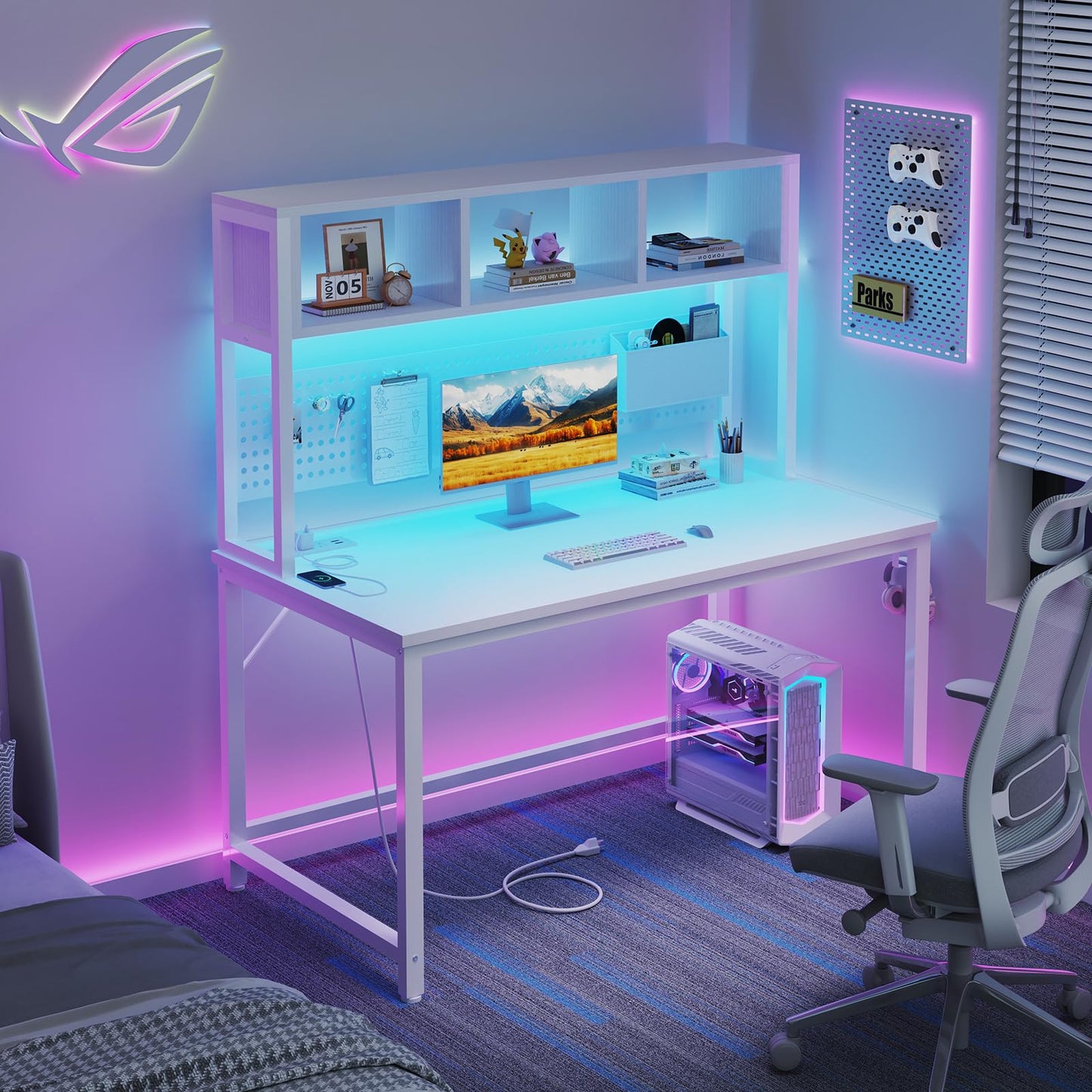 White Gaming Desk with Hutch and Pegboard - Computer Desk with Hutch, Power Outlet, 47 Inch Art Desk with Storage, Hooks, RGB and Side Bag, Writing Modern Study Teen Desks for Girl Bedroom Home Office