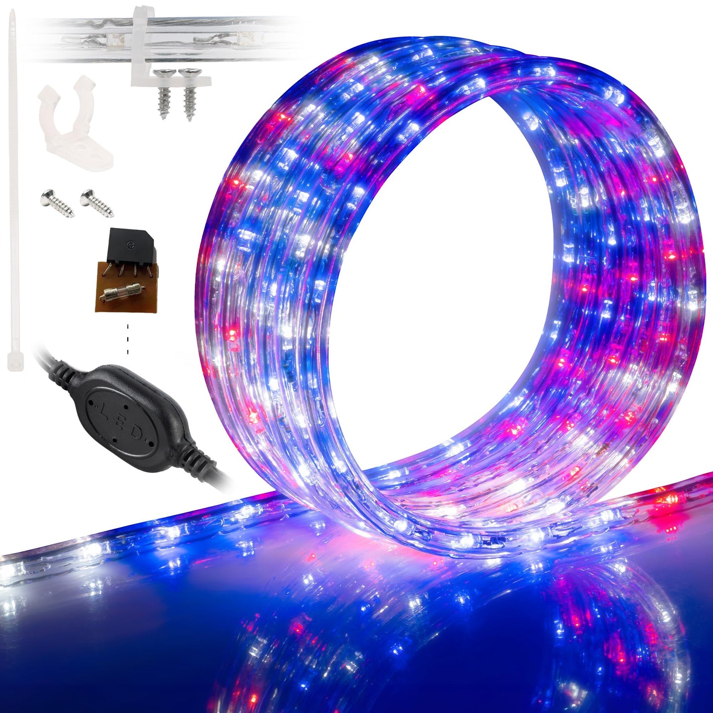 WYZworks 576LEDs, 50ft LED American Flag Red White Blue Outside Rope Lights, Waterproof Permanent Outdoor ETL Certified, Connectable, Palm Tree Decorative Landscape Patio Accent Lighting - USA