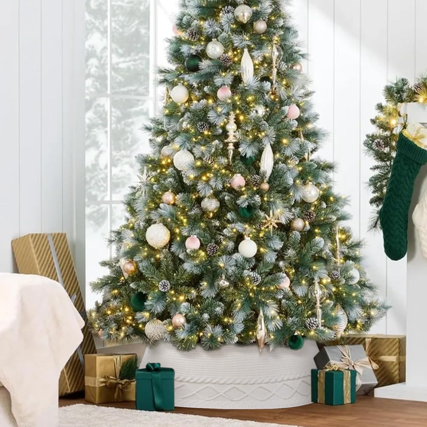 Teeanzo Christmas Tree Collar Skirt,Knitted Cream White Diamond Edge Cable Stand Farmhouse Rustic Tree Ring for Artificial Christmas Tree Base Cover Holiday Home Party Decoration