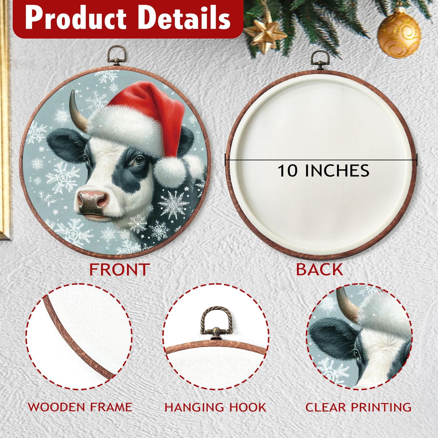 heiyihe Round Christmas Canvas Hanging Prints, 10x10 Inches Round Christmas Highland Cow Wall Art Decor, Holiday Embroidery Kit Decor for Home Living Room, Xmas Gift Ideas for Family Friends-A14