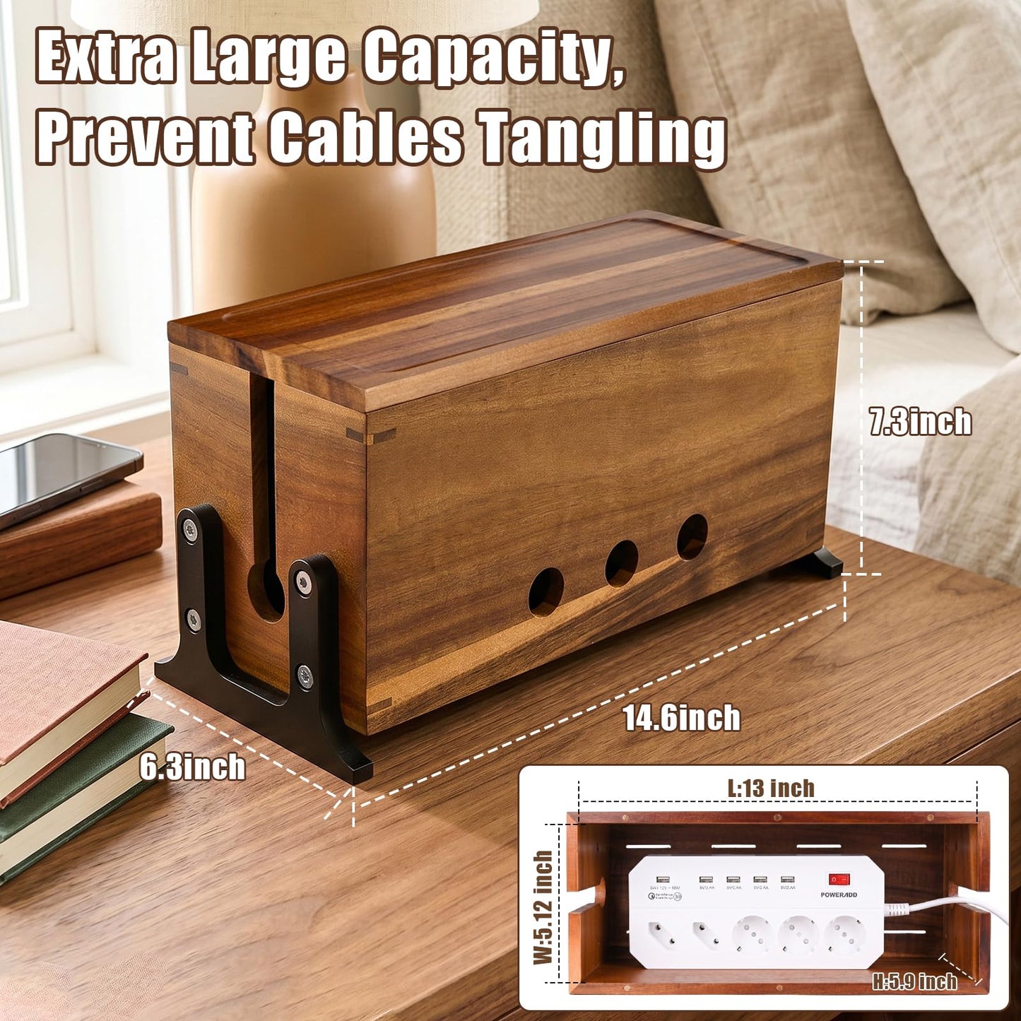 Extra Large Cable Management Box, Cord Organizer & Hider Box, Acacia Wood Cable Box for Chargers, Power Strip, USB, Floor & Desk Cables & Cords Storage, Children & Pet Safe