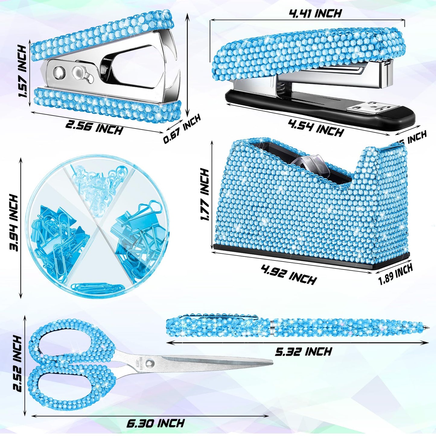 Demissle 6 Pcs Bling Office Desk Accessories Set Crystal School Stationery Kit Scissor Stapler with Staple, Tape Dispenser, Diamond Pen, Staple Remover, Binder Clip, Paper Clip, Push Pins(Blue)