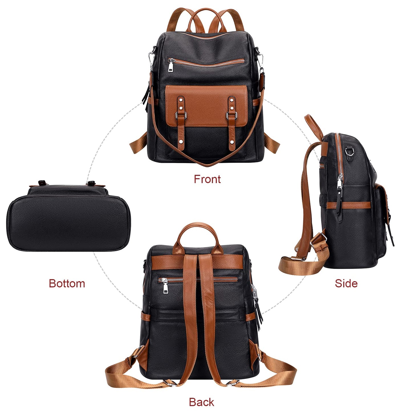 Over Earth Genuine Leather Backpack Purse for Women Fashion Shoulder Bag Ladies Crossbody Handbag(O188E Black/Brown RP)