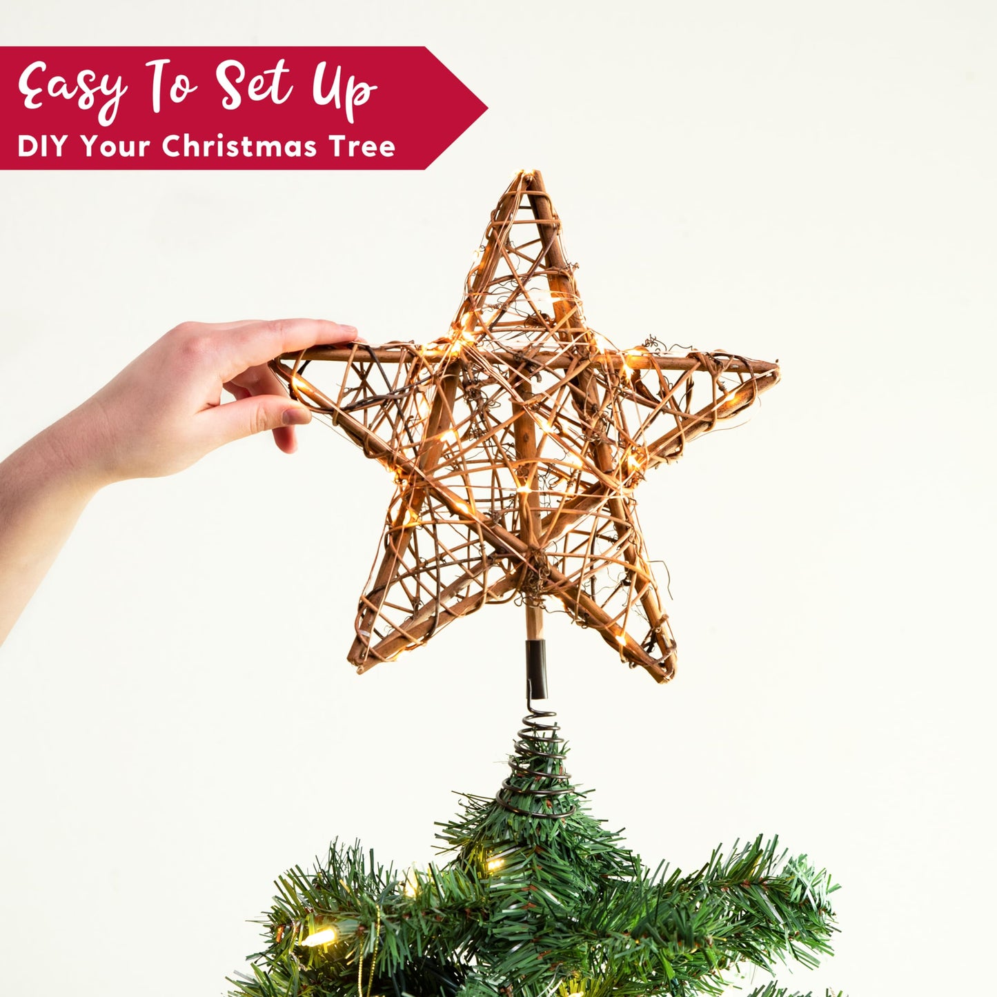 Joiedomi 8 Inch Christmas Tree Toppers, 30 LED Rustic Rattan Star Lighted for Xmas Decorations, Holiday Party Indoor Decor