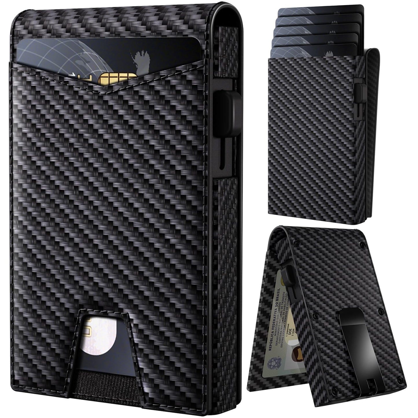 HLHGR Wallet for Men, Gift Boxed Slim Minimalist Wallet for Men with Money Clip and Genuine Leather Slots RFID Blocking Pop Up Metal Aluminum Smart Wallet Card Case (Carbon Fibre Black)