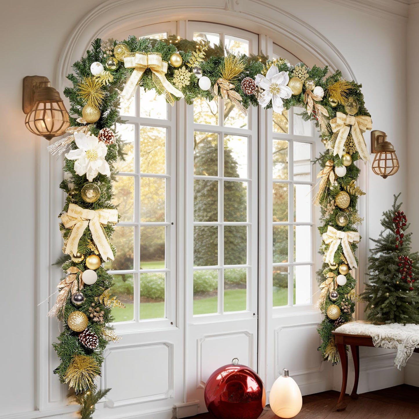WBHome Pre-lit 6 Feet/72 Inch Christmas Garland, White & Gold Lighted Garland with 35 LED Lights for Indoor Outdoor Xmas Decor Holiday Decorations, Battery Operated (Batteries NOT Included)