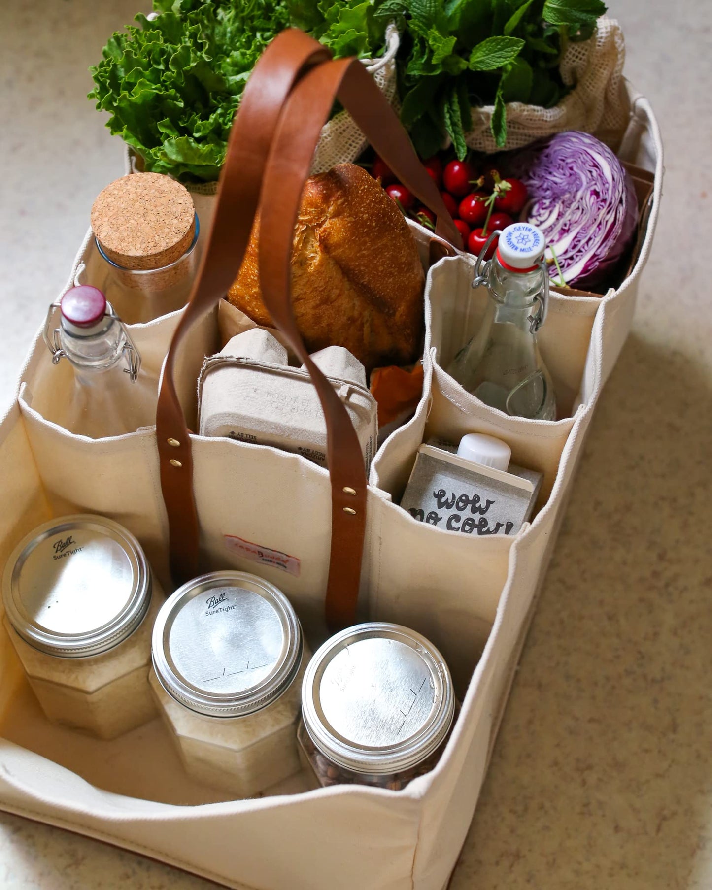 CapaBunga Grocery Tote Bag with Handles - 5 Pocket Large Utility Tote Bag - Heavy Duty Canvas Utility Bags with Vegan Leather Base - Reusable Shopping Bags for Groceries - Natural Grocery Bag