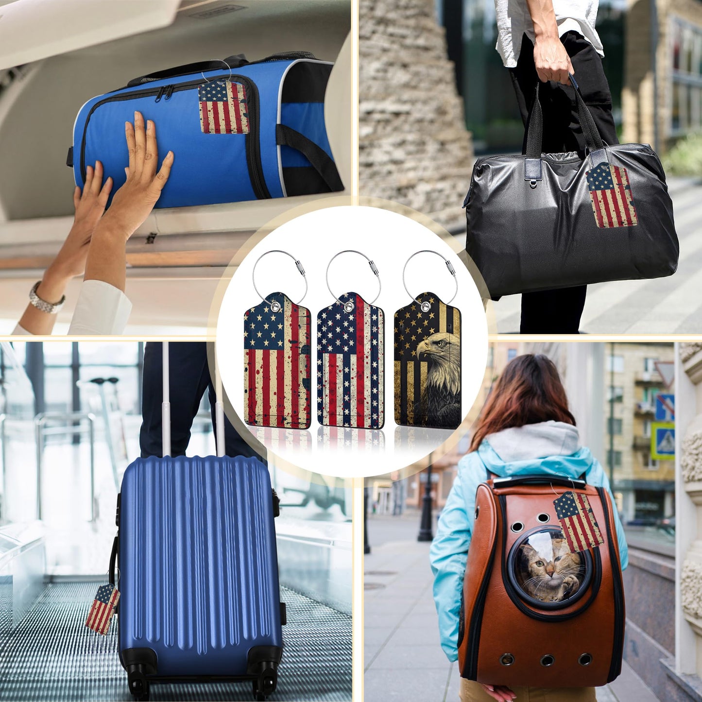 3 Pack PU Retro American Flag Leahter Luggage Tag with Stainless Steel Loop,Travel Suitcase Labels with Privacy Cover ID Label Quickly Spot for Bags
