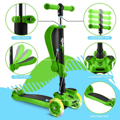 Hurtle 3 Wheeled Scooter for Kids - 2-in-1 Sit/Stand Child Toddlers Toy Kick Scooters w/ Flip-out Seat, Adjustable Height, Wide Deck, Flashing Wheel Lights, For Boys/Girls 1 Year Old+ (Green)