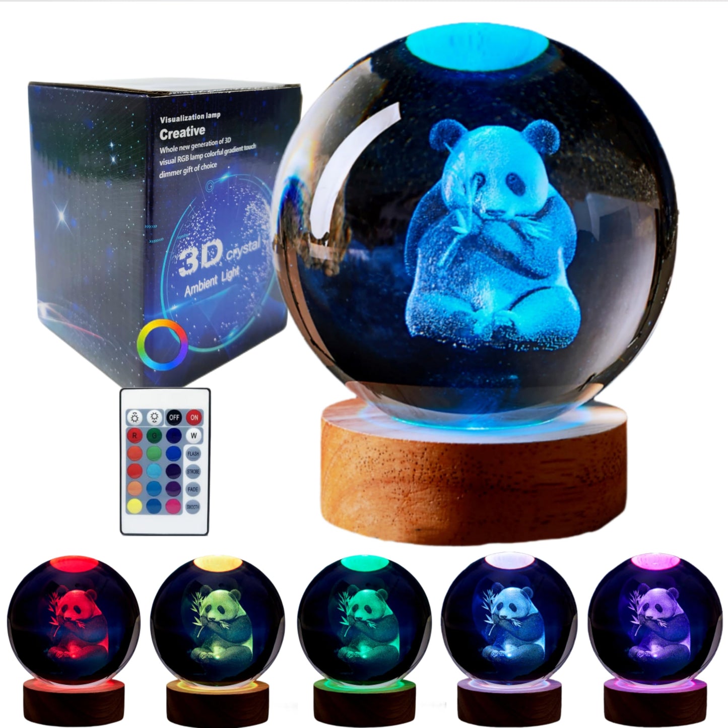 Panda Crystal Ball Lamp,3.15 inch 3D K9 Crystal Ball Panda Night Light,16 Colors Changing Light,Dimmable Remote Control,Panda Lamp Gift (L)