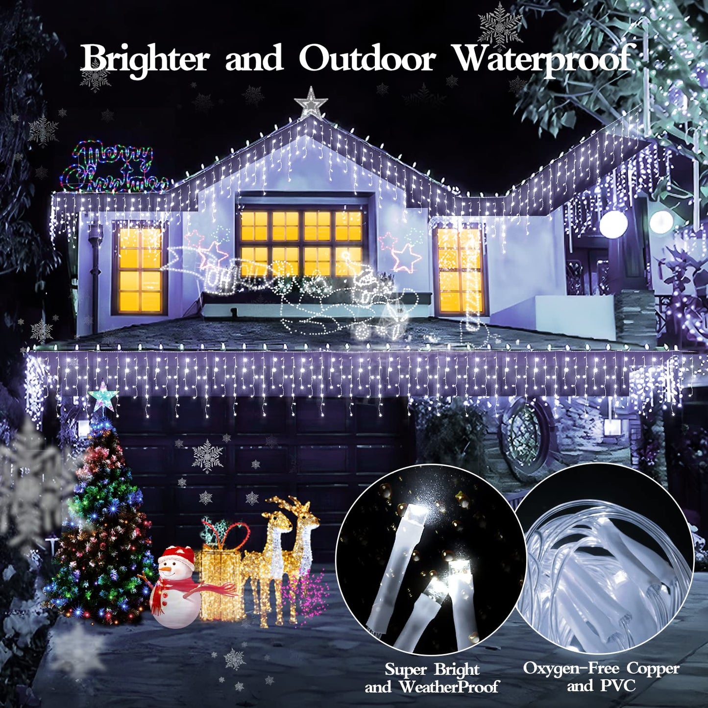 FLVOECN 480 LED 49FT Christmas Lights Plug in 8 Modes with Timer Dimmable Ice Lights Outdoor Waterproof Indoor Ice String Lights for Roof Porch Garden Holiday Wedding Xmas Decor (Cool White)