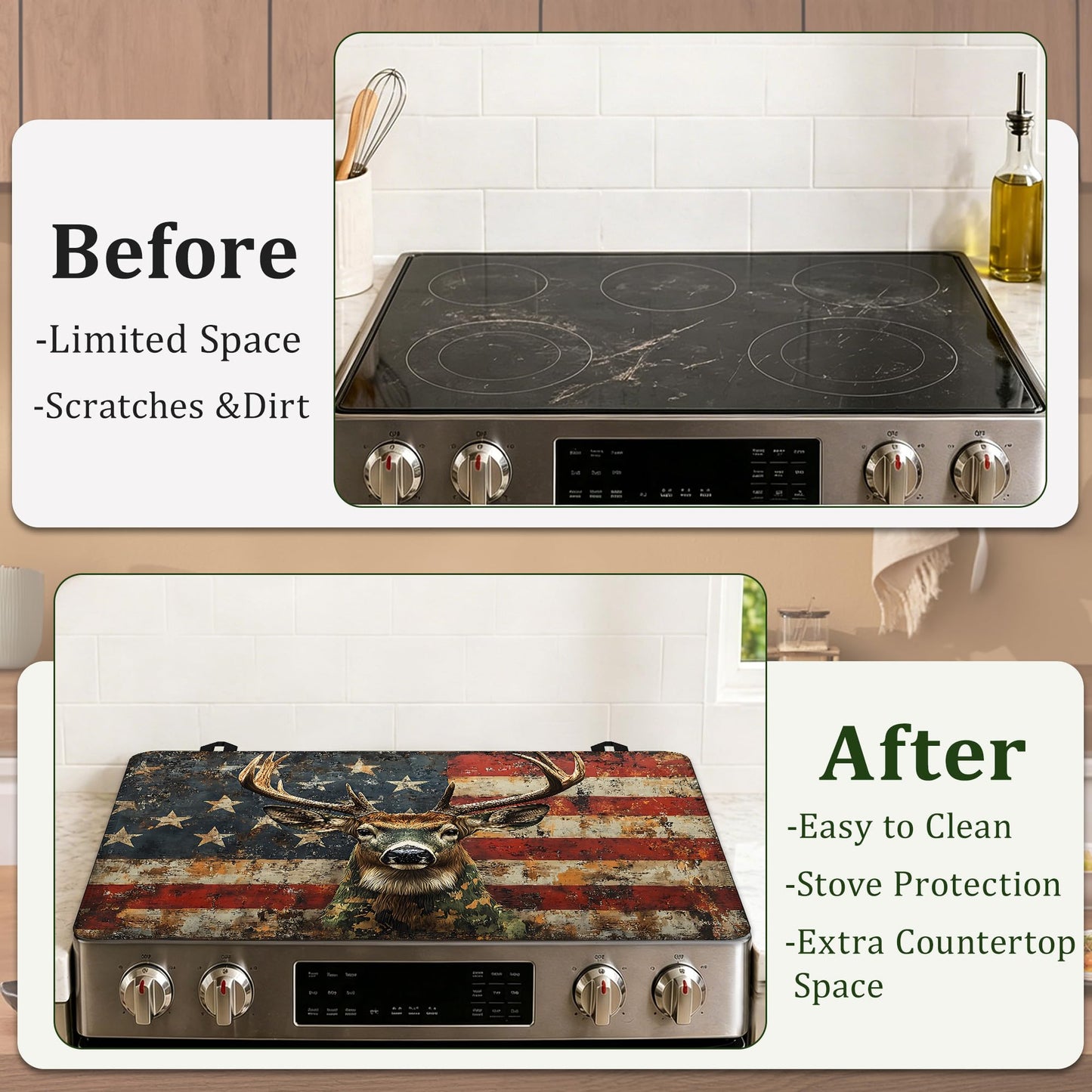 American Flag Electric Stove Top Cover Protector,Grunge Deer Glass Flat Top Stove Mat,Heat-Resistant Oven Induction Cooktop Mat for Ceramic Countertop Mats Dish Drying Mat