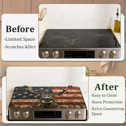 American Flag Electric Stove Top Cover Protector,Grunge Deer Glass Flat Top Stove Mat,Heat-Resistant Oven Induction Cooktop Mat for Ceramic Countertop Mats Dish Drying Mat
