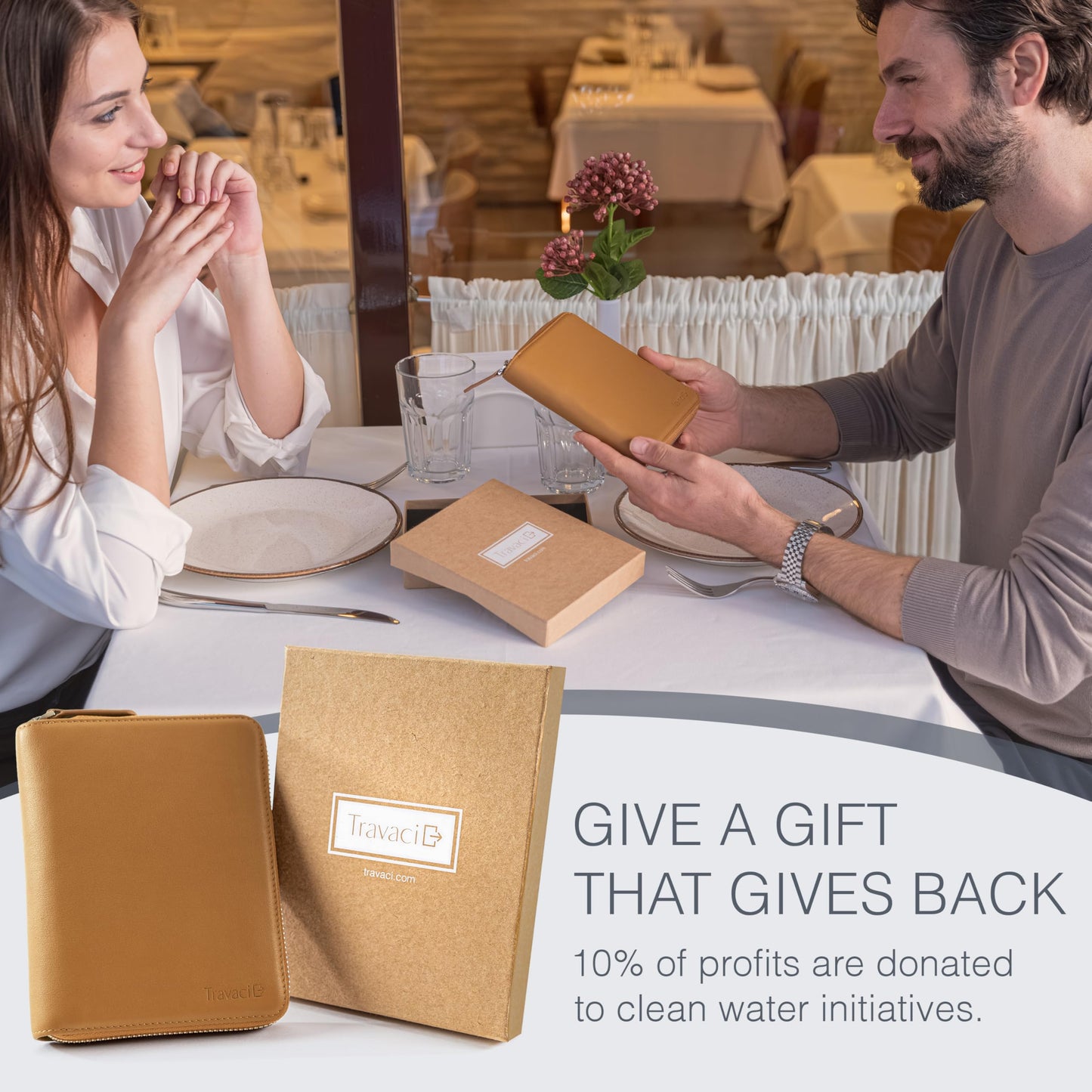Travaci Full Grain Leather Passport Holder for 2 Passports - Dual Passport Holder and Travel Documents Organizer - RFID Travel Wallet for Couples - Camel