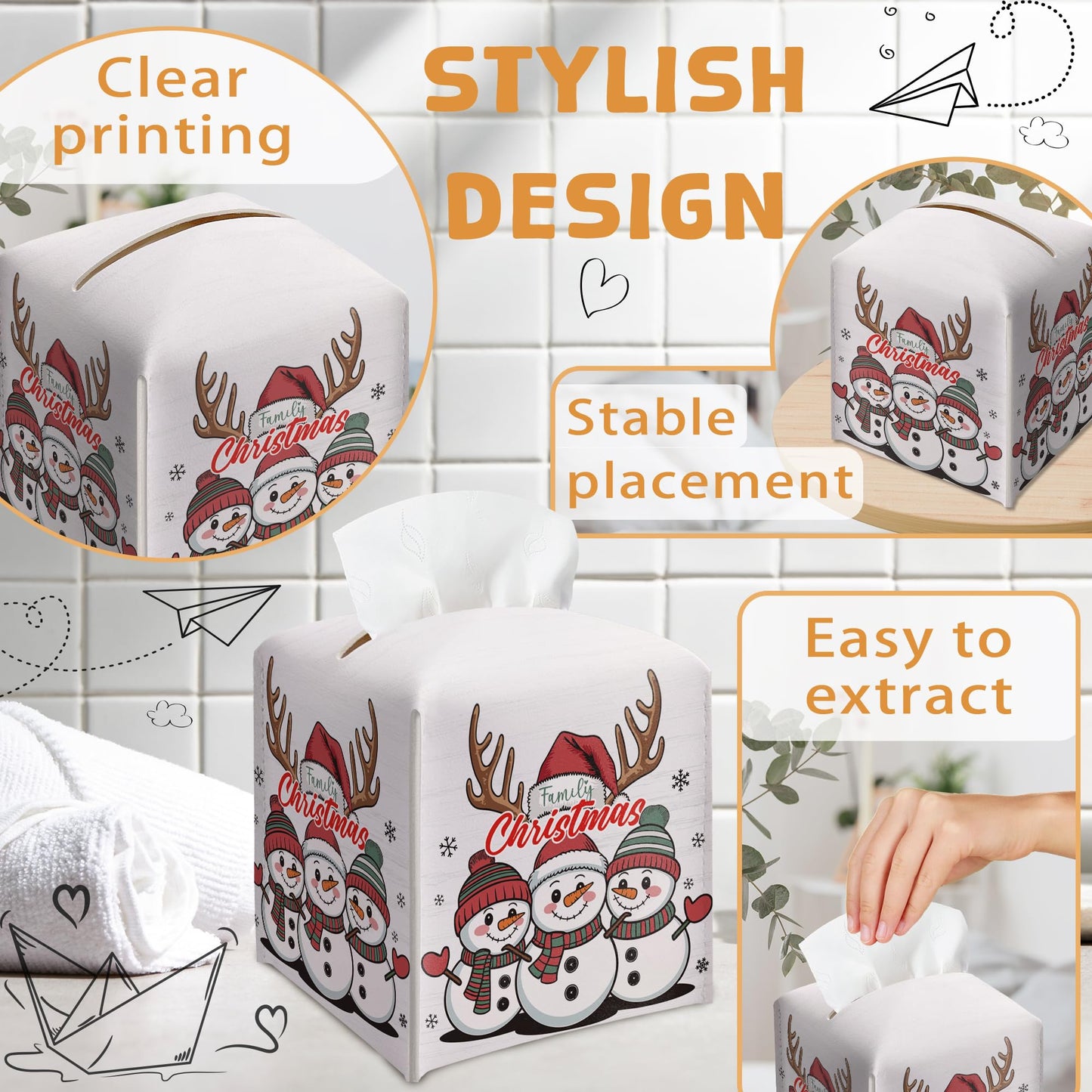 Christmas Snowman Tissue Box Holder, First Christmas as A Family of Three Leather Tissue Box Cover Square, Paper Facial Decorative Tissues Cover for Night Stands Bathroom Office Home Decor-B02