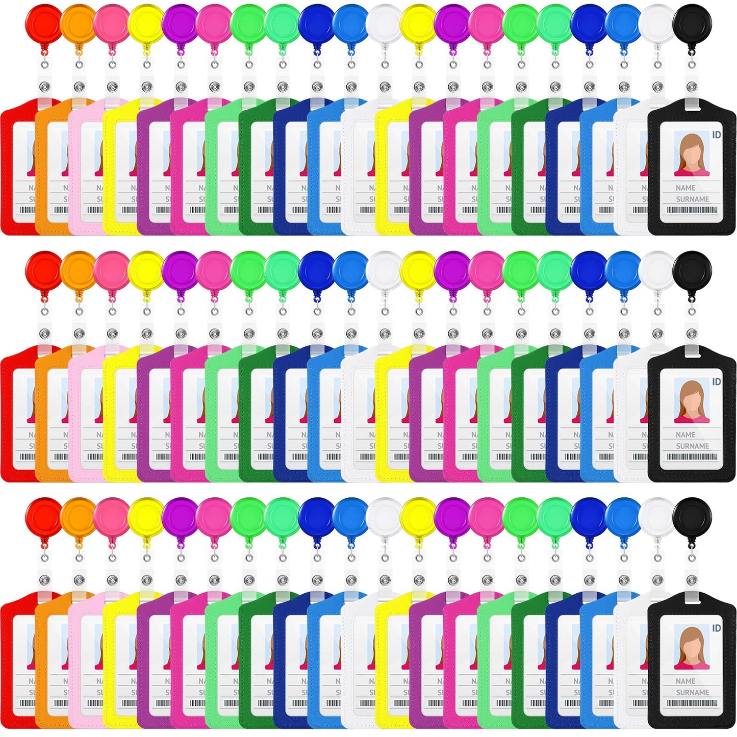 60 Sets Retractable Badge Reels, PU Leather Name Badge Holder, Multicolor ID Holder Key Card Holder Vertical ID Badge with Reel Clip for Office Business Worker Teachers Students Nurses Doctor