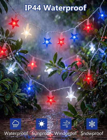 13.6Ft Red White and Blue Star String Lights, 35 LED Patriotic Lights for Flag Day 4th of July Decorations, Waterproof Plug in Fairy Lights for Indoor Outdoor Fence Backyard Patio Independence Day
