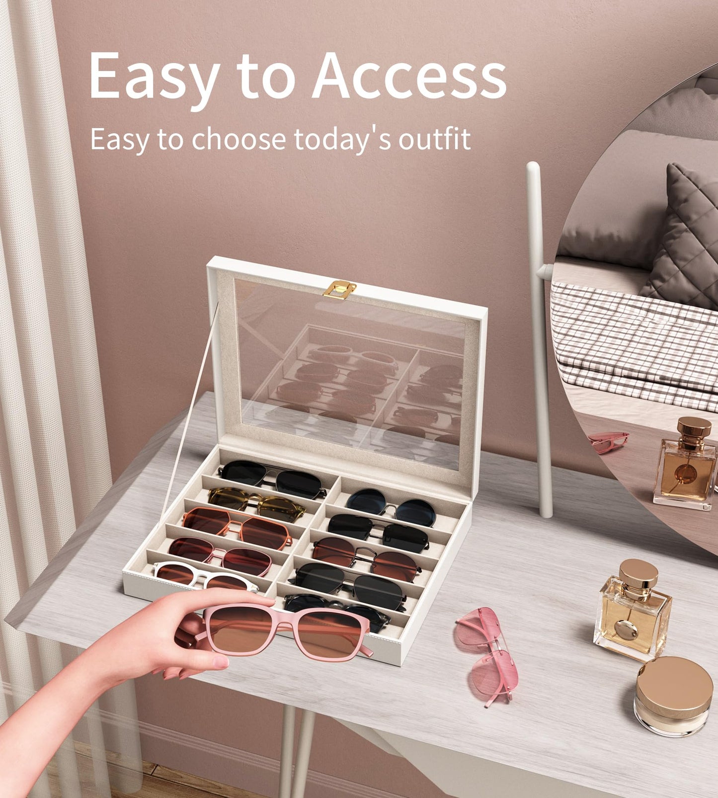 NEWLOOP Sunglass Organizer for Women Men - Multiple Pair of Sunglasses Storage Box Eye Glass Watch Leather Display Case with 10 Slots White