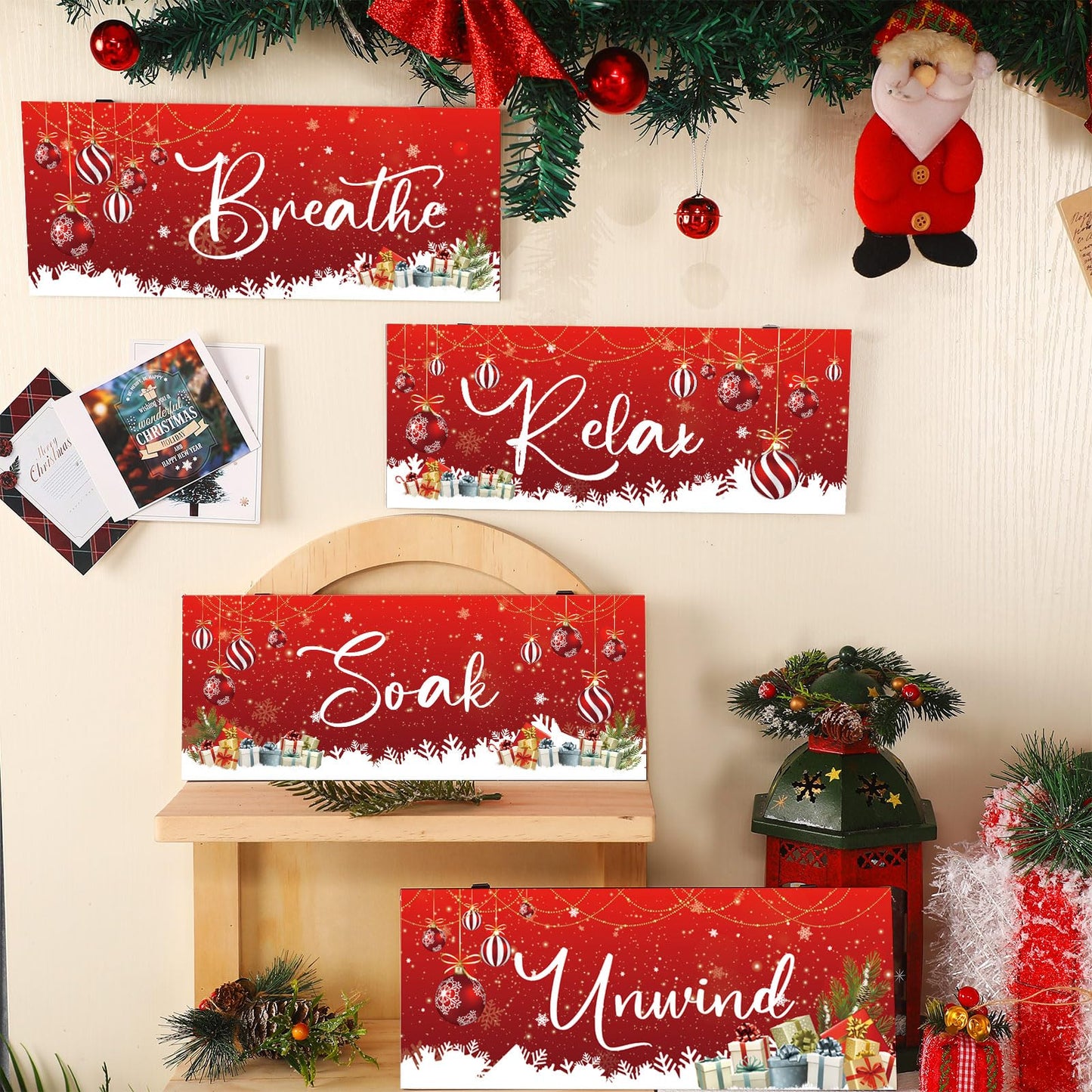 Huwena 4 Pcs Winter Bathroom Wall Decor Winter Wooden Decor Relax Soak Breathe Unwind Art Hanging Wall Pediments Rustic Xmas Wooden Sign for Xmas Home Living Room Laundry Spa(Ball)