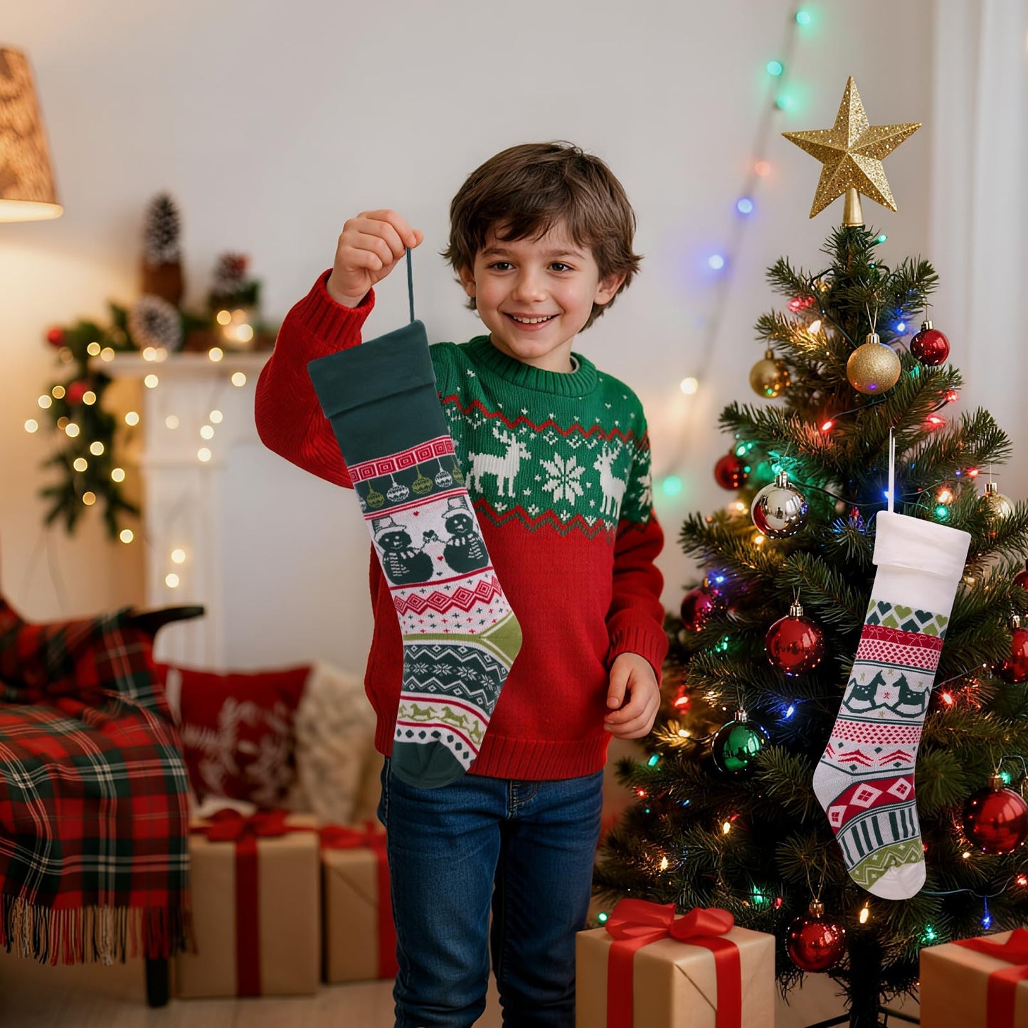 Ficrfart 6 Pack Christmas Stockings, 22'' Large Embroidered Knit Christmas Stocking, Holiday and Family Knitted Xmas Stocking for Fireplace or Party Decoration A3
