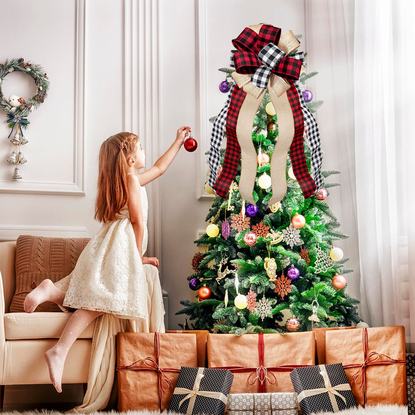 Fvviia Christmas Tree Topper Large Buffalo Plaid Burlap Red and Black Gift Bow for Xmas Tree Handmade Holiday Party Decorations-13 x 29 Inch