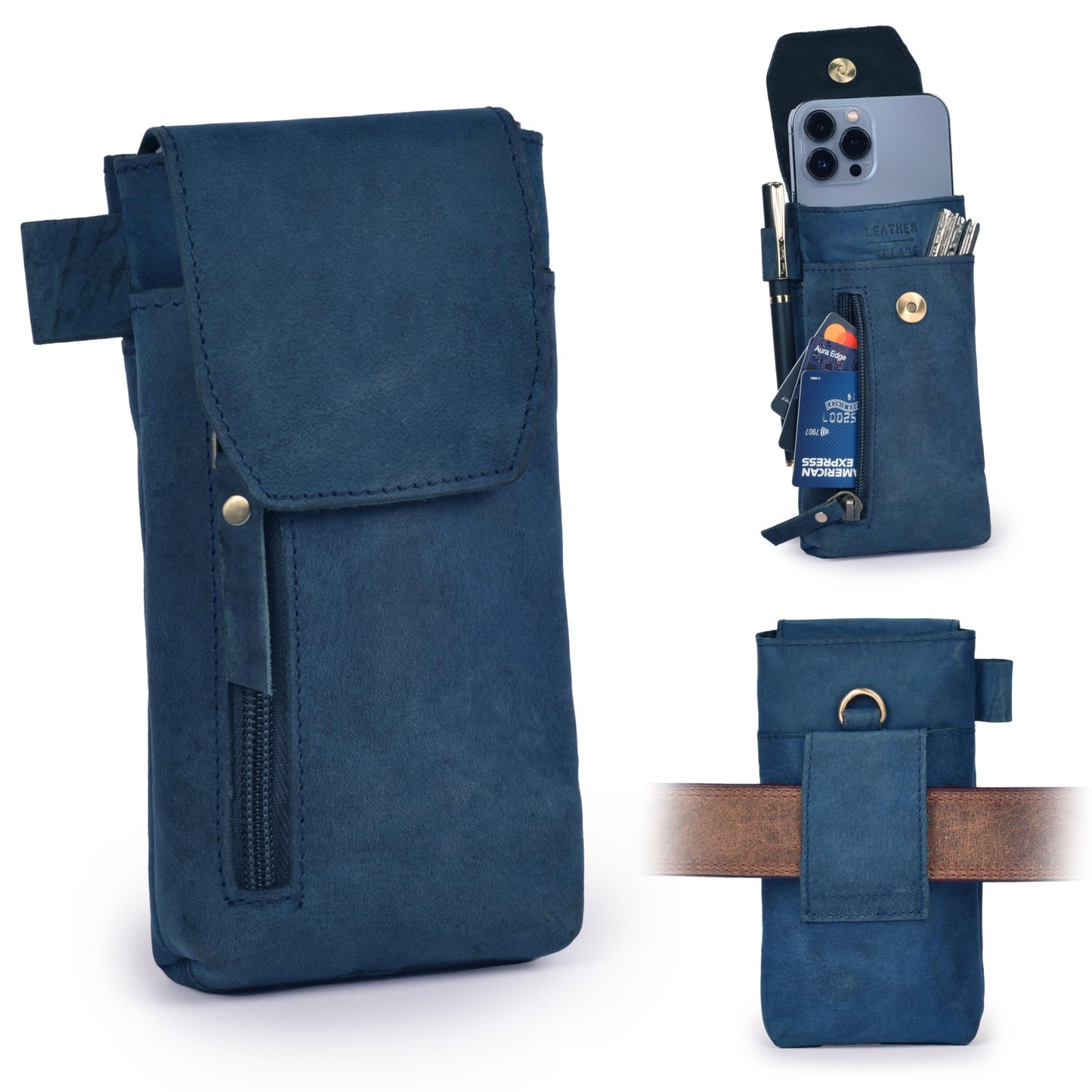 Leather Village Genuine Leather 7”x3.5” Phone Holster Pouch with Belt Clip, Magnetic Closure, ID Card Holder - Blue Universal Case for iPhone, Samsung Galaxy, Google Pixel