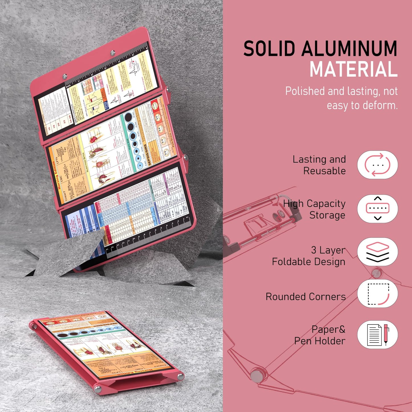 Nursing Clipboard Foldable, Foldable Clipboard w/Nursing Edition Cheat Charts,3 Layers Aluminum, Nurse Clip Board w/Low Profile Clip&Pen Clip Pocket for Students, Nurses and Doctors, Rose
