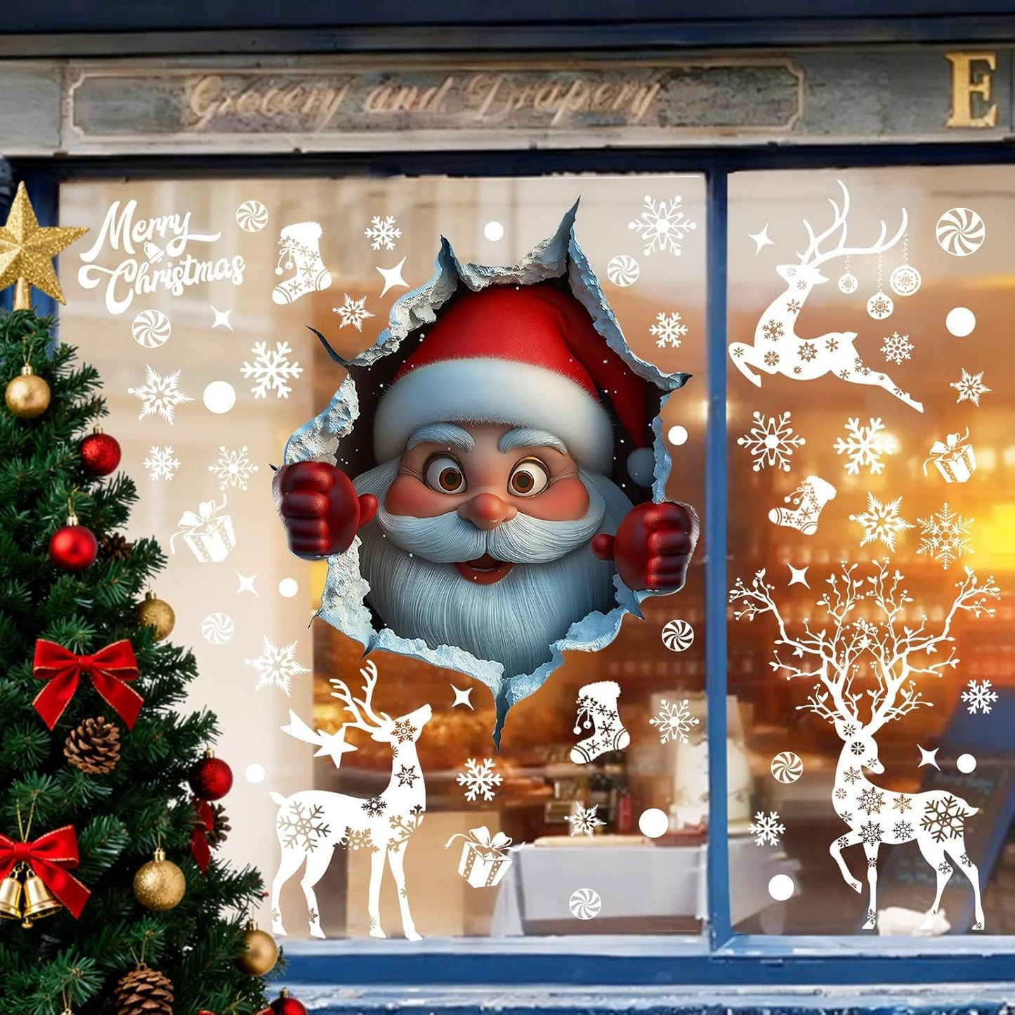 Christmas Window Clings Double Sided 3D Santa Claus Window Stickers Christmas Decorations Removable Reindeer Snowflake Vinyl Decals for Glass Windows, Home, Shop, Office, Holiday Party Xmas Decor