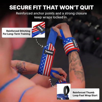 DMoose Wrist Wraps Weightlifting Men 12 and 18 Inches Thumb Loops with Wrist Support for Workouts Powerlifting Wrist Straps for Weight Lifting Men and Women American III