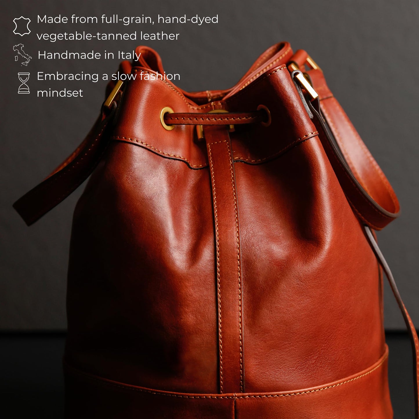 Time Resistance Leather Bucket Bag - Full Grain Leather Tote Bag for Women (Cognac Brown)