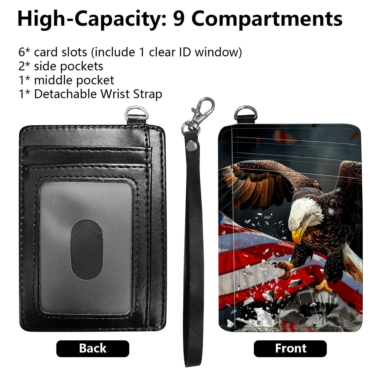 BREIDMKFM Credit Card Holder Slim Wallet,RFID Wallet Women Front Pocket Small Card Holder Travel Cute Thin Minimalist Card Case Leather Flat Wallet with ID Window&Wrist Strap,American Flag Eagle