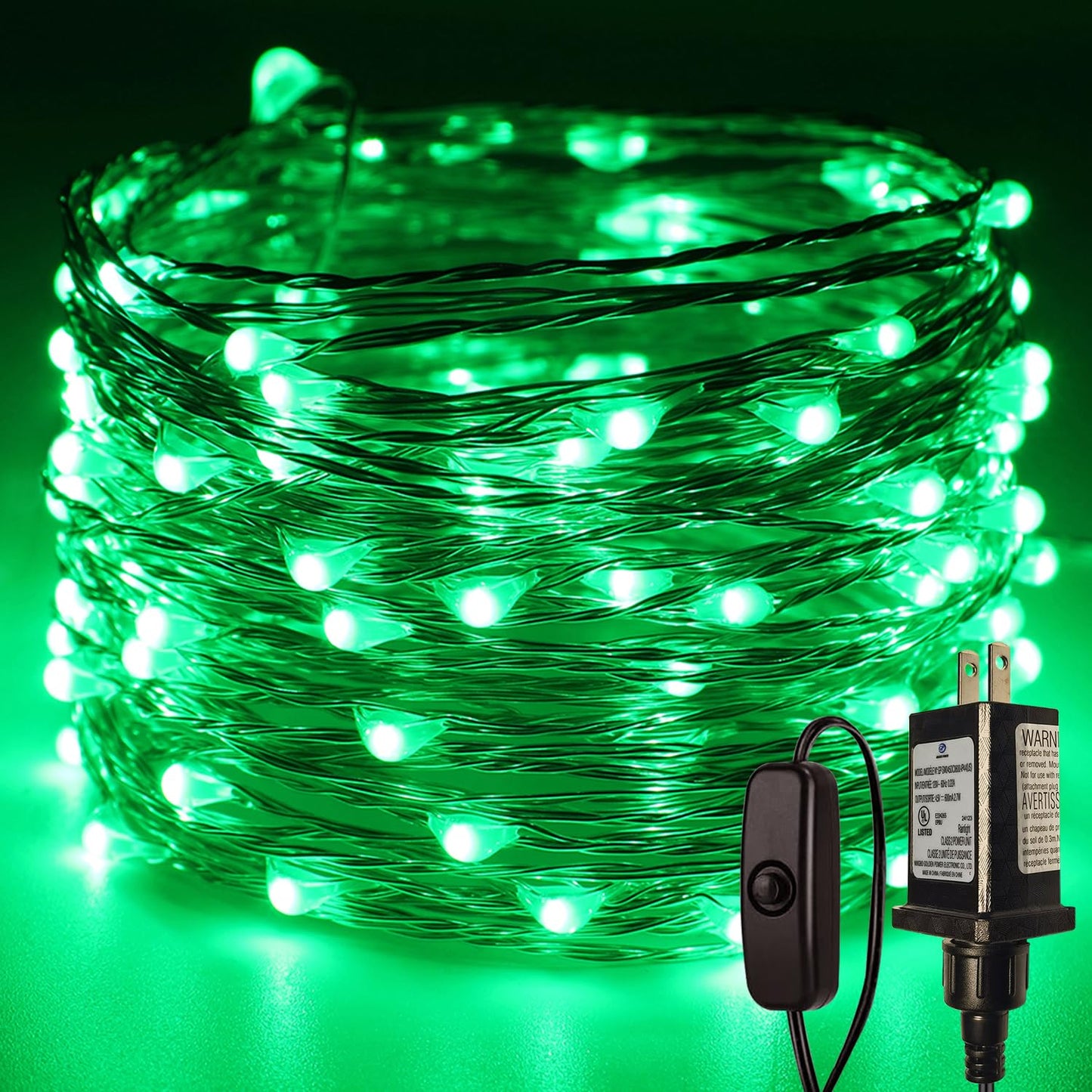RUICHEN Plug in Fairy Lights with Switch, Waterproof 33 Ft 100 LED Silver Wire Starry String Firefly Lights for Christmas, Halloween, St. Patrick's Day, Parties, Ceiling, Vases, Craft, Green