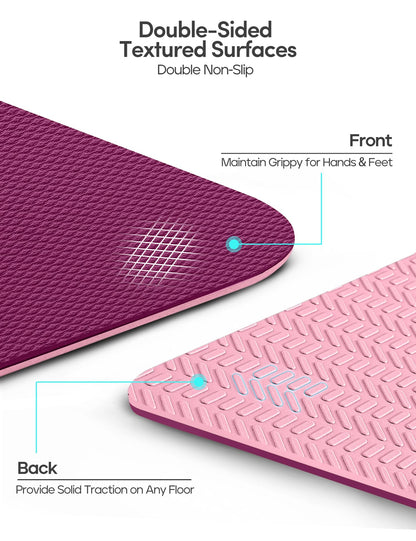 Heathyoga Yoga Mat Non Slip TPE Pilates Exercise Mats for Home Workout Gym Fitness Eco Friendly Thick Hot Yoga Mat with Strap Body Alignment,72"x 26" Thickness 1/4"